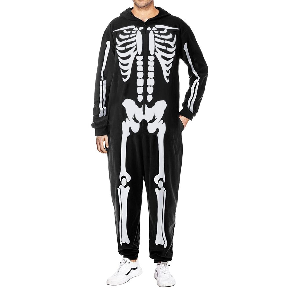 4424 Skeleton Halloween Costume for Adults Couples Skeleton Onesie Jumpsuit